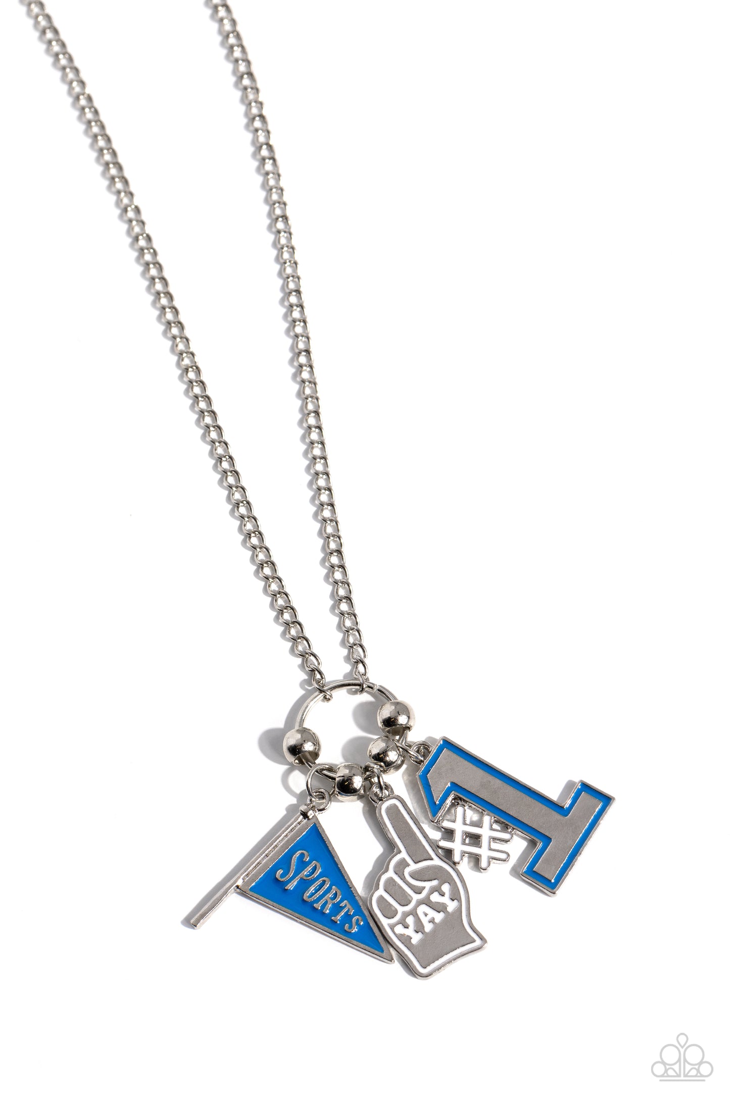 Cheering Section Blue Necklace - Paparazzi Accessories  Cascading from a silver hoop, a white-painted foam finger charm with the stamped word "yay," a blue and white-painted "#1" charm, a "Sports"-stamped blue flag, and silver studs coalesce into an athletic-inspired centerpiece down the chest. Features an adjustable clasp closure.  Sold as one individual necklace. Includes one pair of matching earrings.  P2WD-BLXX-201XX