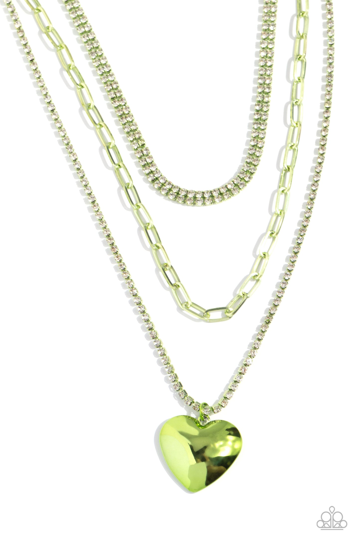 Caring Cascade Green Heart Necklace - Paparazzi Accessories  Featuring a green-painted hue, a trio of paperclip, rhinestone-encrusted box chain, and layered rhinestone-encrusted box chains coalesces down the neckline for a monochromatic masterpiece. Strung on the lowermost green box chain, a green heart pendant stands out and reflects light in every direction for a statement finish. Features an adjustable clasp closure.
