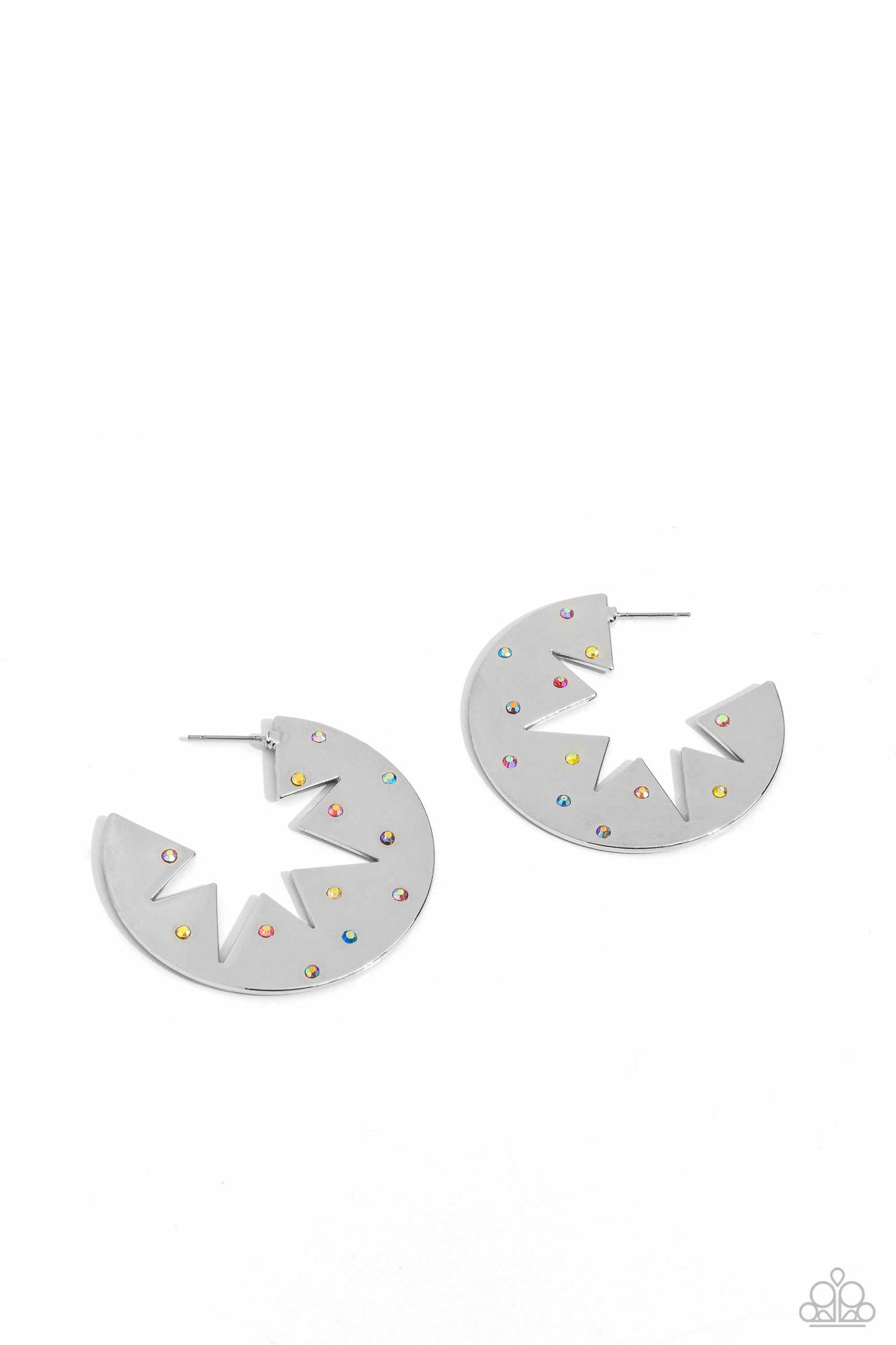 Starry Sensation Multi Star Hoop Earring - Paparazzi Accessories  Sporadically dotted with various multicolored and iridescent rhinestones, a three-dimensional star outline explodes from the center of a polished silver disc for an out-of-this-world centerpiece. Earring attaches to a standard post fitting. Hoop measures approximately 1 3/4" in diameter. Due to its prismatic palette, color may vary.  Sold as one pair of hoop earrings.  Sku:  P5HO-MTSV-324XX