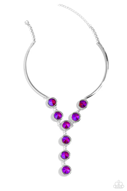 Cheers to Confidence Pink Necklace - Paparazzi Accessories  Set in round silver fittings, a collection of pink UV-splashed gems delicately link at the bottom of two curved silver rods. Attached to shiny silver chains, the glamorously glitzy display sparkles below the collar for a jaw-dropping finish. Features an adjustable clasp closure. Due to its prismatic palette, color may vary.  Sold as one individual necklace. Includes one pair of matching earrings.  Sku:  P2ST-PKXX-167XX
