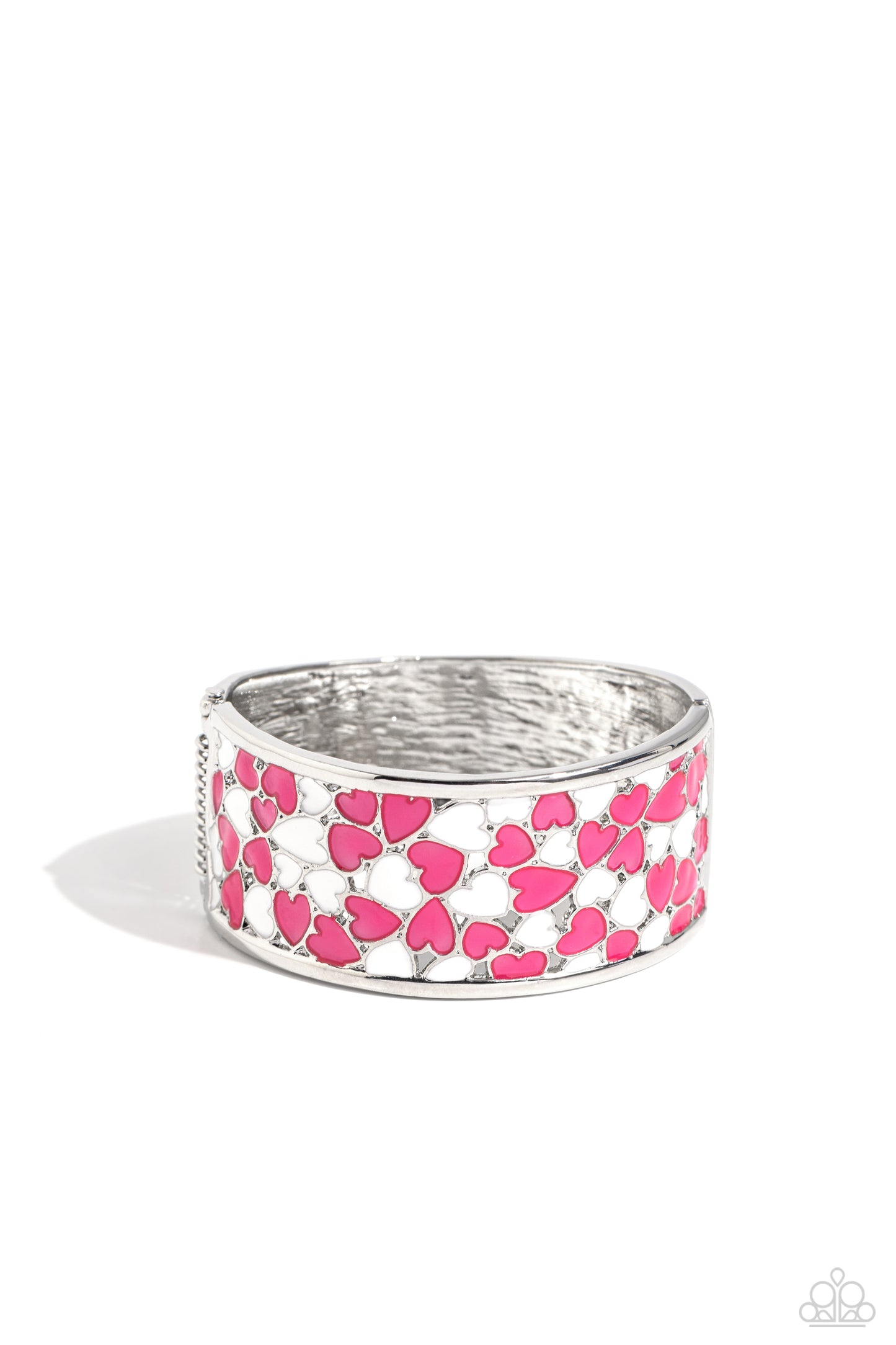 Penchant for Patterns Pink Heart Hinge Bracelet - Paparazzi Accessories  A wide silver band, hammered with subtle texture, is sprinkled with a collection of hot pink and white-painted hearts, creating a fun-loving display around the wrist. Features a hinged closure.  Sold as one individual bracelet.  SKU: P9WH-PKXX-332XX