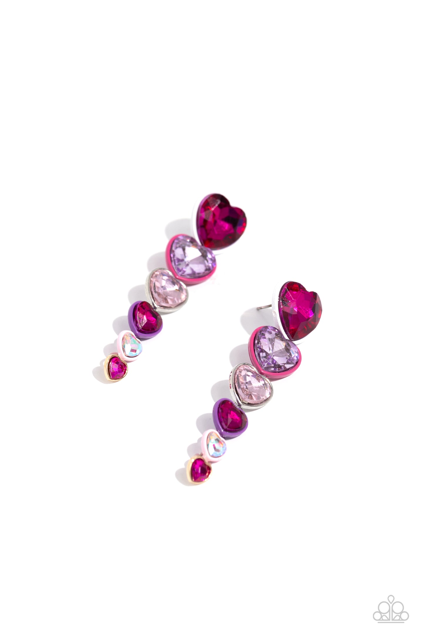 Cascading Casanova Multi Heart Post Earring - Paparazzi Accessories  Featuring sleek multicolored-painted fittings, faceted red, purple, white, fuchsia, and iridescent heart gems gradually decrease in size as they trickle from the ear for a glamorously romantic look. Earring attaches to a standard post fitting. Due to its prismatic palette, color may vary.  Sold as one pair of post earrings.