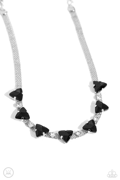 Strands of Sass Black Choker Necklace - Paparazzi Accessories  Suspended from two silver fittings, a shimmery cascade of dainty silver chains layer around the collar for an industrial statement. Infused amongst the industrial strands, a collection of pronged white gems alternate with pronged black triangular gems for a touch of gritty color. Features an adjustable clasp closure.  Sold as one individual choker necklace. Includes one pair of matching earrings.  New KitChoker Sku:  P2CH-BKXX-099XX