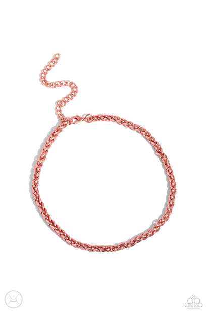 Braided Battalion Pink Choker Necklace - Paparazzi Accessories  Painted in a metallic pink hue, a thick chain cascades around the collar for an industrial pop of color. Features an adjustable clasp closure.  Sold as one individual choker necklace. Includes one pair of matching earrings.  Sku:  P2CH-PKXX-036XX
