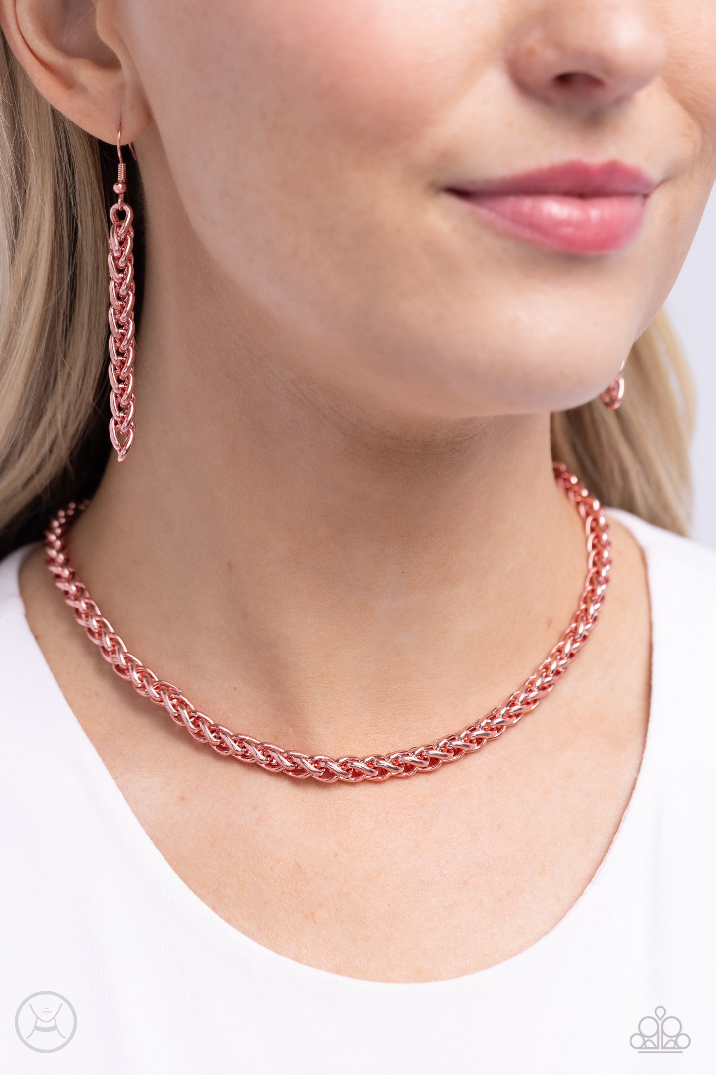 Braided Battalion Pink Choker Necklace - Paparazzi Accessories  Painted in a metallic pink hue, a thick chain cascades around the collar for an industrial pop of color. Features an adjustable clasp closure.  Sold as one individual choker necklace. Includes one pair of matching earrings.  Sku:  P2CH-PKXX-036XX