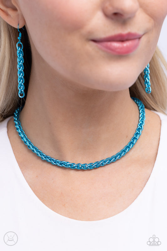 Braided Battalion Blue Choker Necklace - Paparazzi Accessories  Painted in a metallic blue hue, a thick chain cascades around the collar for an industrial pop of color. Features an adjustable clasp closure.  Sold as one individual choker necklace. Includes one pair of matching earrings.  Sku:  P2CH-BLXX-044XX