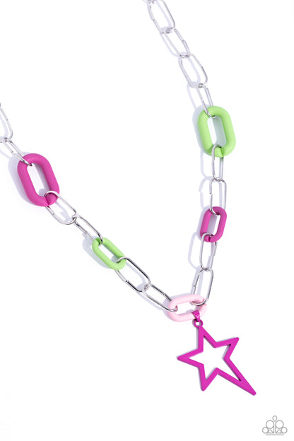Stargazing Show Pink Necklace - Paparazzi Accessories  Sporadically infused with Kohlrabi, baby pink, and Rose Violet acrylic links, an elongated silver paperclip chain featuring an asymmetrical Rose Violet star gradually decreases in length as it falls down the neckline for a show-stopping statement. Features an adjustable clasp closure.  Sold as one individual necklace. Includes one pair of matching earrings.  P2ST-PKXX-155XX