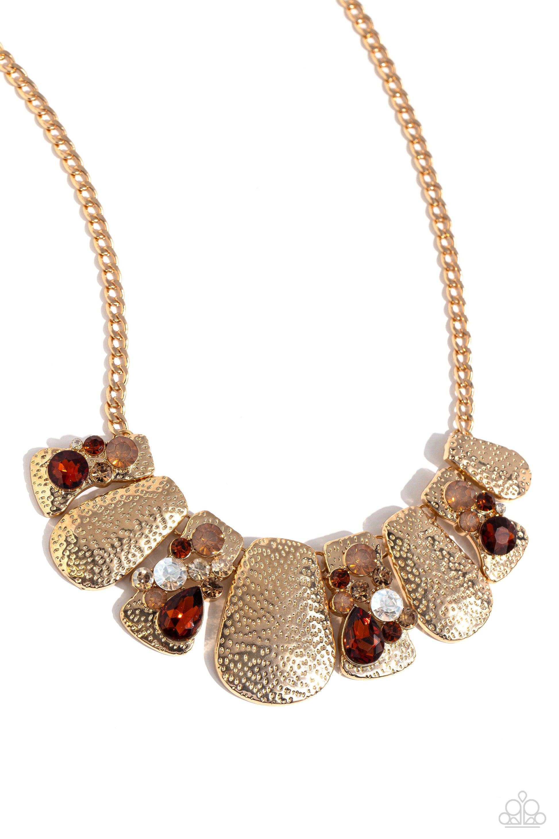 Multicolored Mayhem Brown Necklace - Paparazzi Accessories  A collection of hammered gold plates in various sizes delicately link below the collar, creating a boldly imperfect geometric fringe. Round and teardrop gems in various shades and sizes adorn every other frame in a haphazard pattern for an explosion of sparkle. Features an adjustable clasp closure. Due to its prismatic palette, color may vary.  Sold as one individual necklace. Includes one pair of matching earrings.  SKU: P2ST-BNXX-086XX