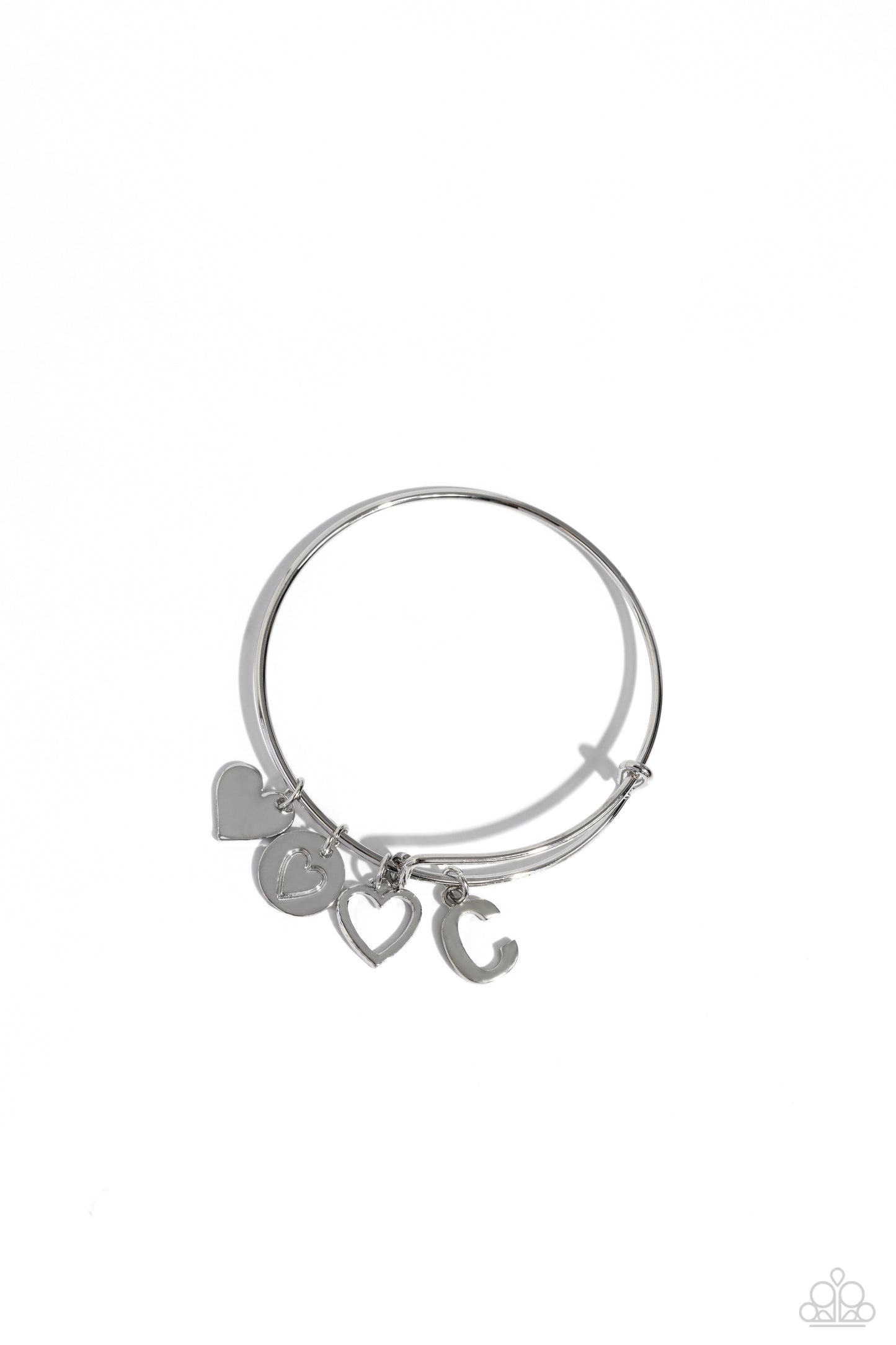 Making It INITIAL Silver "C" Bracelet - Paparazzi Accessories  Featuring shiny silver, airy, and stamped finishes, a mismatched collection of dainty heart charms, and the letter "C" glides along a silver bar fitting at the center of the wrist for a romantic, sentimental flair.  Sold as one individual bracelet.  SKU: P9BA-SVXX-187XX