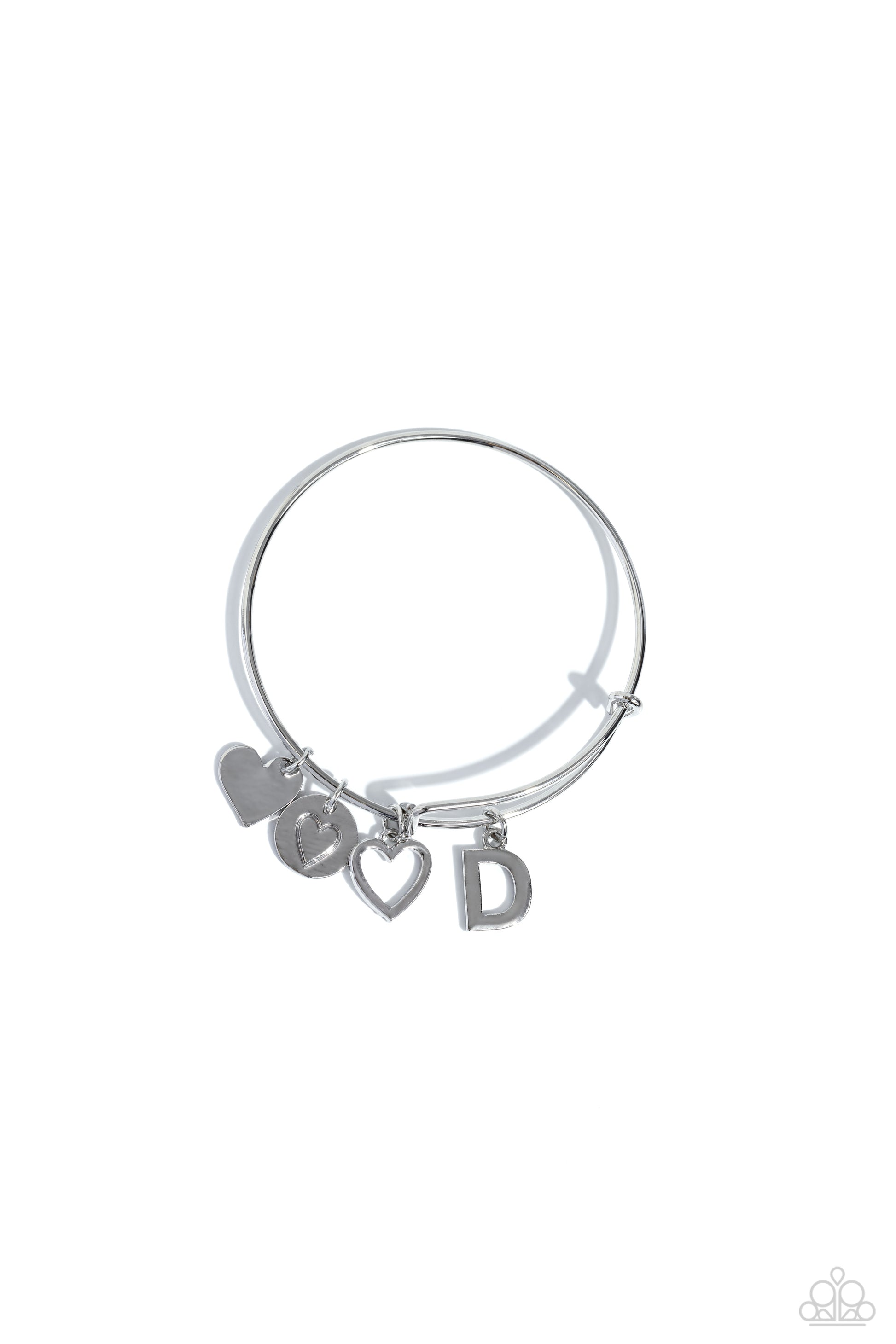 Making It INITIAL Silver "D" Bracelet - Paparazzi Accessories  Featuring shiny silver, airy, and stamped finishes, a mismatched collection of dainty heart charms, and the letter "D" glides along a silver bar fitting at the center of the wrist for a romantic, sentimental flair.  Sold as one individual bracelet.  SKU: P9BA-SVXX-188XX