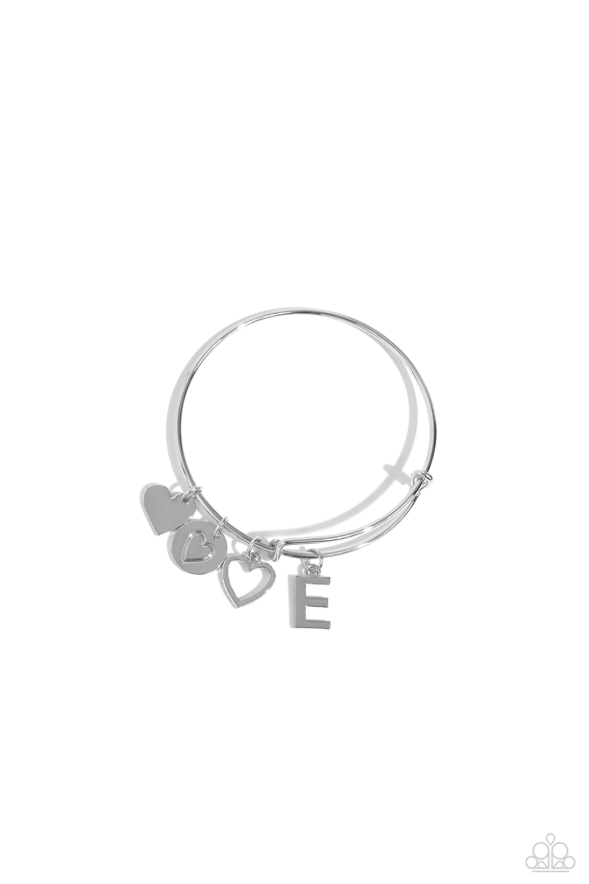 Making It INITIAL Silver "E" Bracelet - Paparazzi Accessories  Featuring shiny silver, airy, and stamped finishes, a mismatched collection of dainty heart charms, and the letter "E" glides along a silver bar fitting at the center of the wrist for a romantic, sentimental flair.  Sold as one individual bracelet.  SKU: P9BA-SVXX-189XX