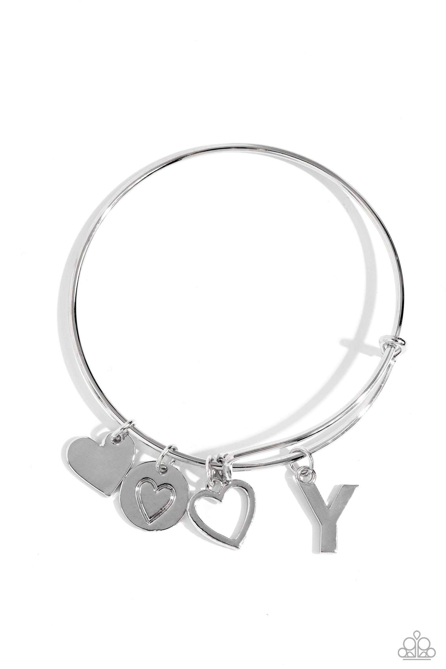 Making It INITIAL Silver "Y" Bangle Bracelet - Paparazzi Accessories  Featuring shiny silver, airy, and stamped finishes, a mismatched collection of dainty heart charms, and the letter "Y" glides along a silver bar fitting at the center of the wrist for a romantic, sentimental flair.  Sold as one individual bracelet.  SKU: P9BA-SVXX-209XX