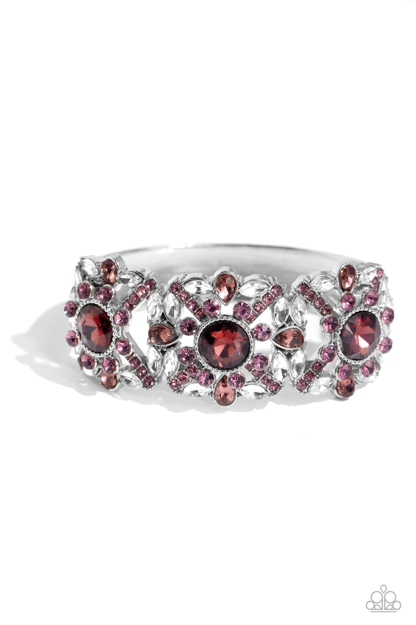 Shimmering Solo Purple Hinge Bracelet - Paparazzi Accessories  Various purple and white rhinestones in round, teardrop, and marquise cuts sparkle atop airy, silver frames, connected to a silver bangle-like bracelet around the wrist for a jaw-dropping dazzle. Features a hinged closure.  Sold as one individual bracelet.  SKU: P9RE-PRXX-176XX