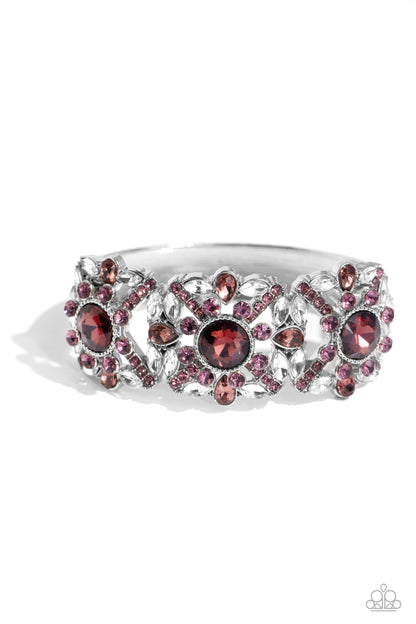Shimmering Solo Purple Hinge Bracelet - Paparazzi Accessories  Various purple and white rhinestones in round, teardrop, and marquise cuts sparkle atop airy, silver frames, connected to a silver bangle-like bracelet around the wrist for a jaw-dropping dazzle. Features a hinged closure.  Sold as one individual bracelet.  SKU: P9RE-PRXX-176XX