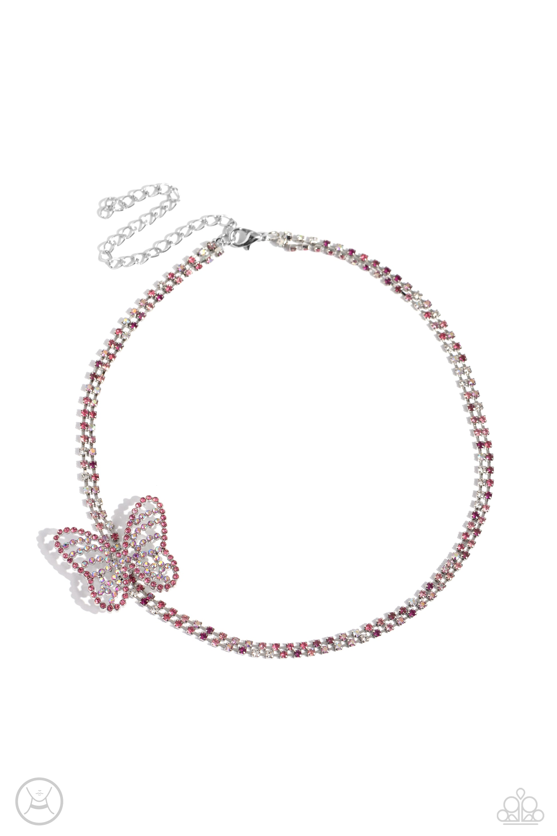 Flying Fantasy Pink Butterfly Choker Necklace - Paparazzi Accessories  Featuring sleek square fittings, strands of glittery pink multicolored rhinestones connect around the neck for a glittery twist of color. Fluttering along one side of the double-layered strand, an airy, pink and iridescent rhinestone-encrusted butterfly rests for a whimsical finish. Features an adjustable clasp closure. Due to its prismatic palette, color may vary.