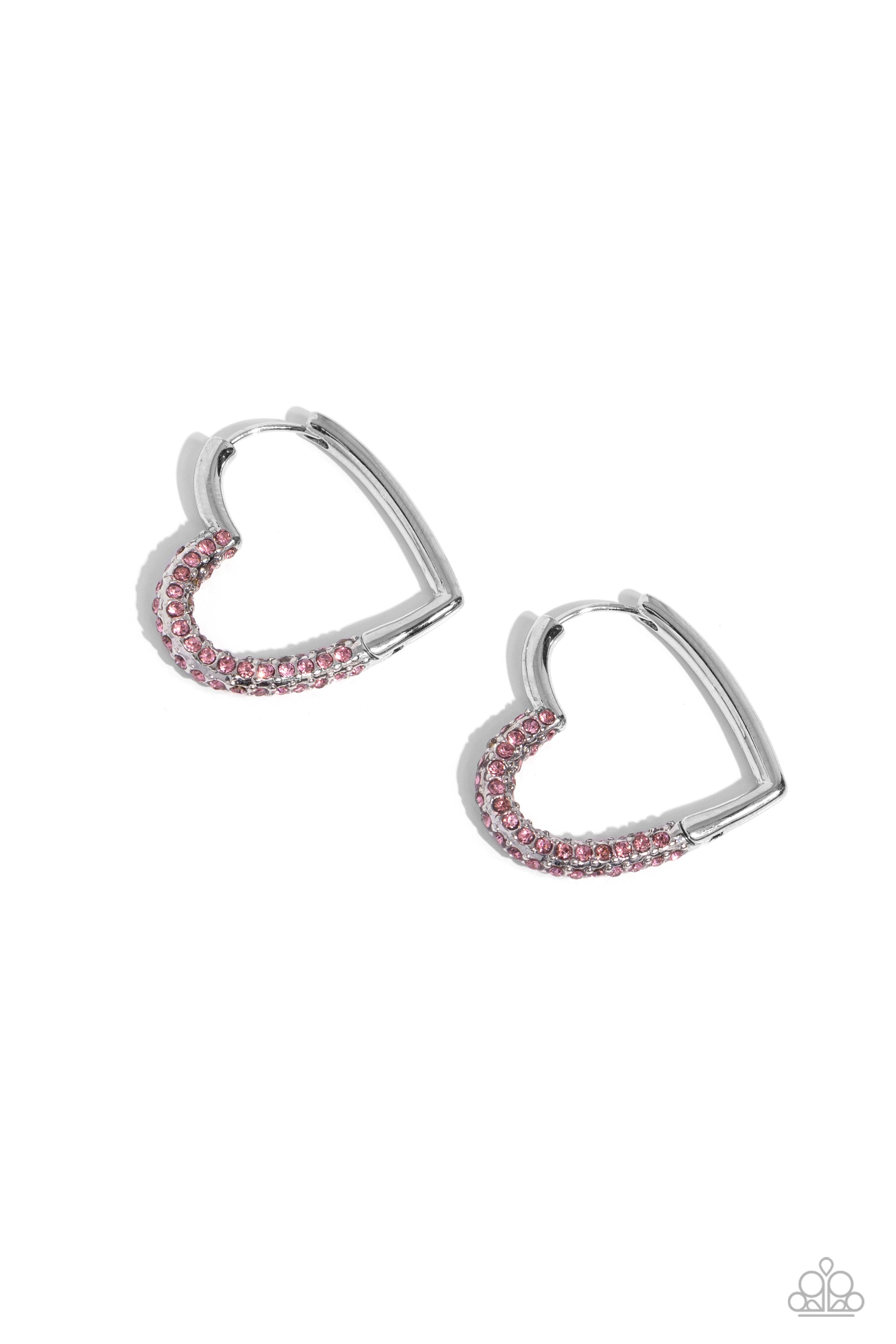 Be Mine, Valentine? Pink Heart Hinge Hoop Earring - Paparazzi Accessories  Embossed along one curve of a sleek silver heart-shaped frame, row after row of glittery pink rhinestones curls around the ear, leaving a lasting romantic impression. Earring attaches to a standard hinge closure fitting. Hoop measures approximately 1 1/8" in diameter.  Sold as one pair of hinge hoop earrings.  SKU: P5HO-PKXX-076XX