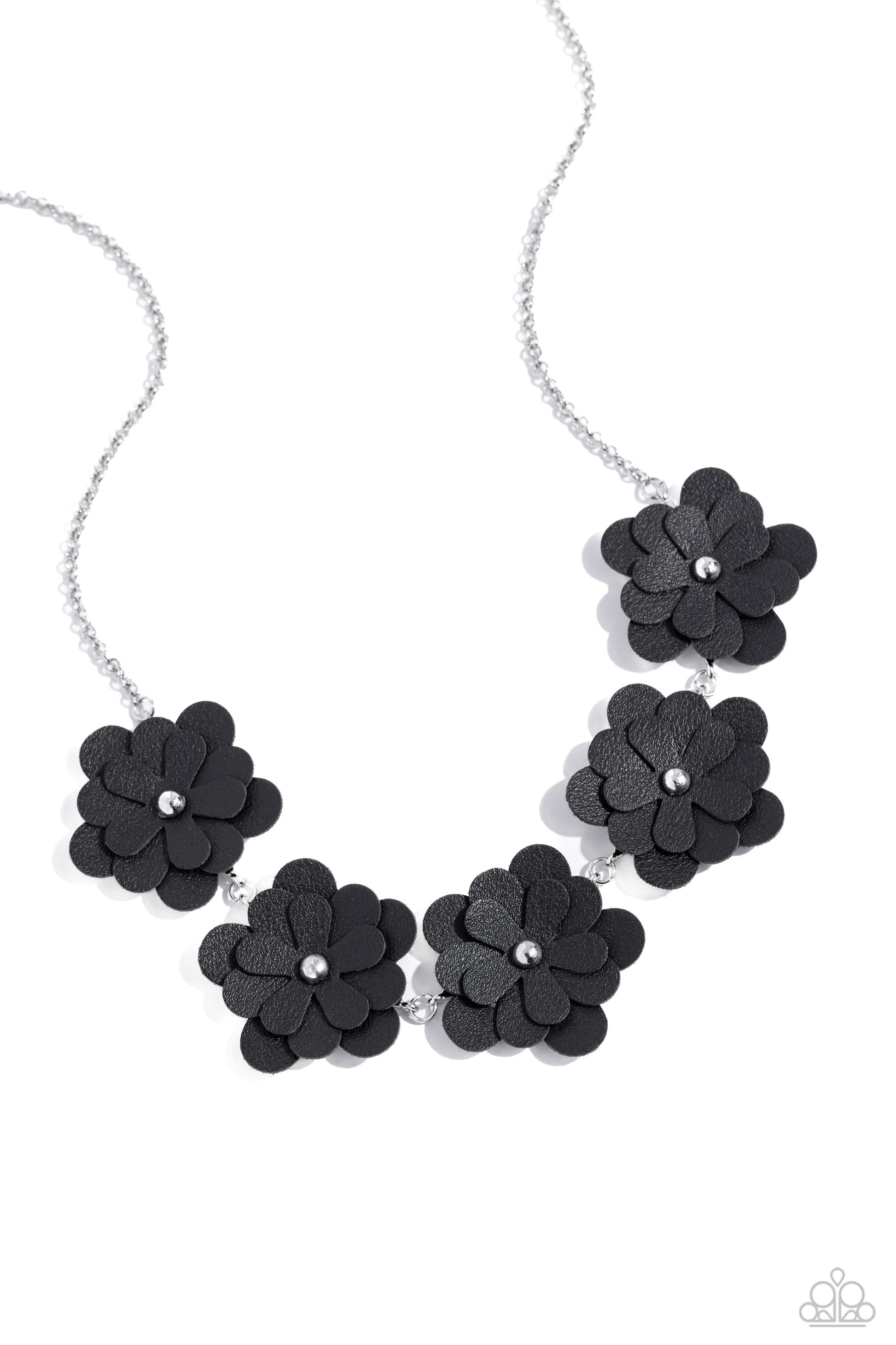Balance of FLOWER Black Necklace - Paparazzi Accessories   Featuring silver stud centers, a collection of 3D black leather flowers connect to a classic silver chain for a ruggedly retro look. Features an adjustable clasp closure. Sold as one individual necklace. Includes one pair of matching earrings.  SKU: P2WH-BKXX-324XX