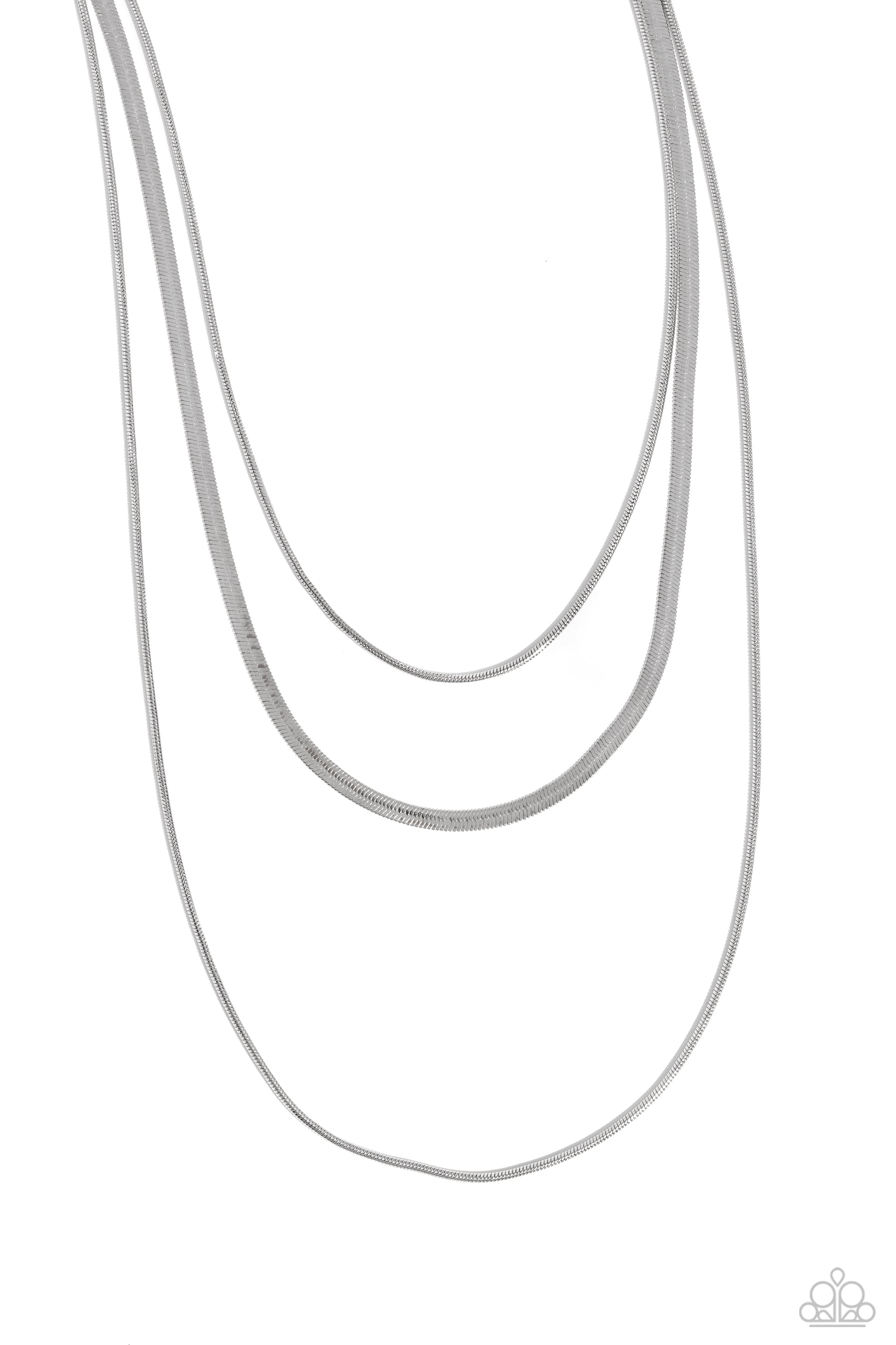 Key LAYER Silver Necklace - Paparazzi Accessories  Two shimmery silver snake chains layer down the chest. A flat silver herringbone chain cascades from the centermost strand for a monochromatic mix-up of texture. Features an adjustable clasp closure.  Sold as one individual necklace. Includes one pair of matching earrings.  SKU: P2RE-SVXX-496XX