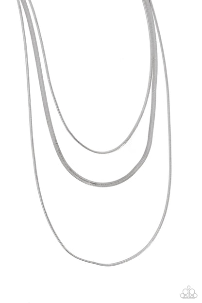 Key LAYER Silver Necklace - Paparazzi Accessories  Two shimmery silver snake chains layer down the chest. A flat silver herringbone chain cascades from the centermost strand for a monochromatic mix-up of texture. Features an adjustable clasp closure.  Sold as one individual necklace. Includes one pair of matching earrings.  SKU: P2RE-SVXX-496XX