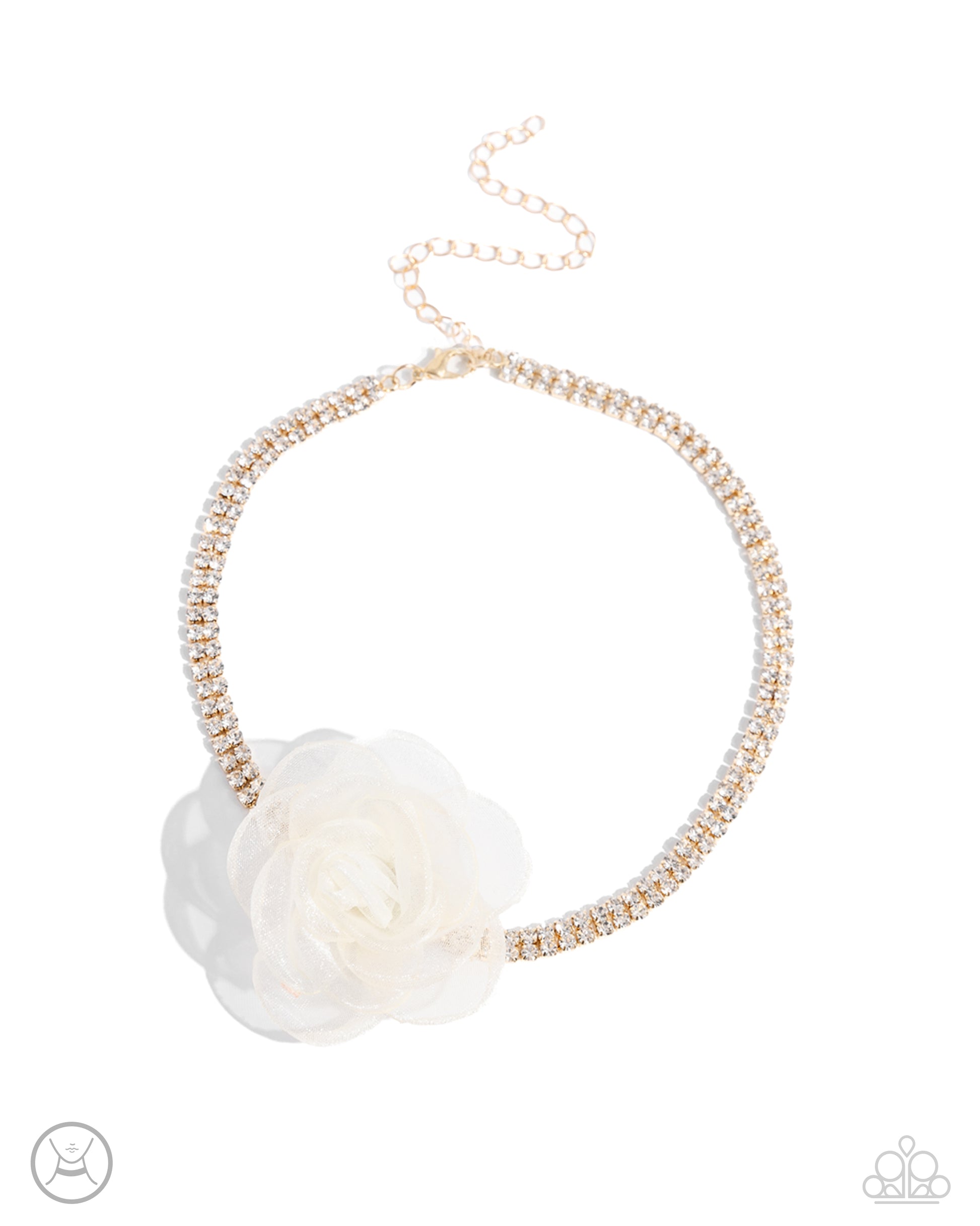 Rosy Range Gold Choker Necklace - Paparazzi Accessories A double-stranded gold chain is embellished with two rows of glistening white rhinestones as it wraps around the collar. An ivory tulle rosette is placed in the center of the design for a floral finish. Features an adjustable clasp closure. Sold as one individual choker necklace. Includes one pair of matching earrings. SKU: P2CH-GDXX-133XX