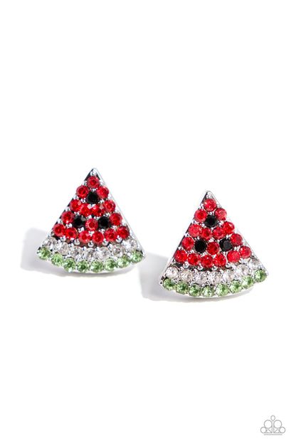 Watermelon Slice Red Post Earring - Paparazzi Accessories  Featuring red, black, white, and green rhinestones, a silver watermelon-inspired post glitters from the ear for a fresh, fruity design. Earring attaches to a standard post fitting. Sold as one pair of post earrings.  SKU: P5PO-RDXX-058XX