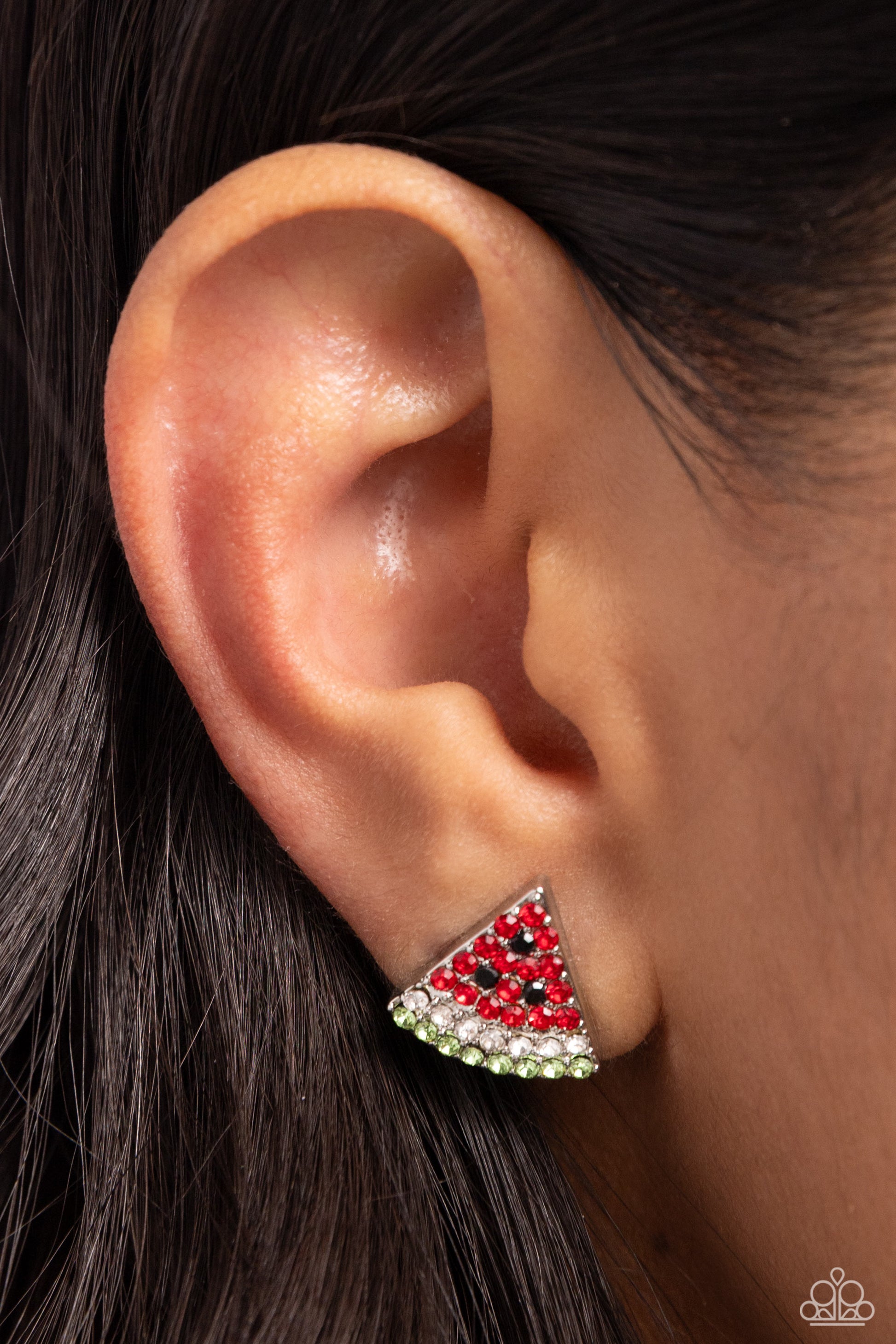 Watermelon Slice Red Post Earring - Paparazzi Accessories  Featuring red, black, white, and green rhinestones, a silver watermelon-inspired post glitters from the ear for a fresh, fruity design. Earring attaches to a standard post fitting. Sold as one pair of post earrings.  SKU: P5PO-RDXX-058XX
