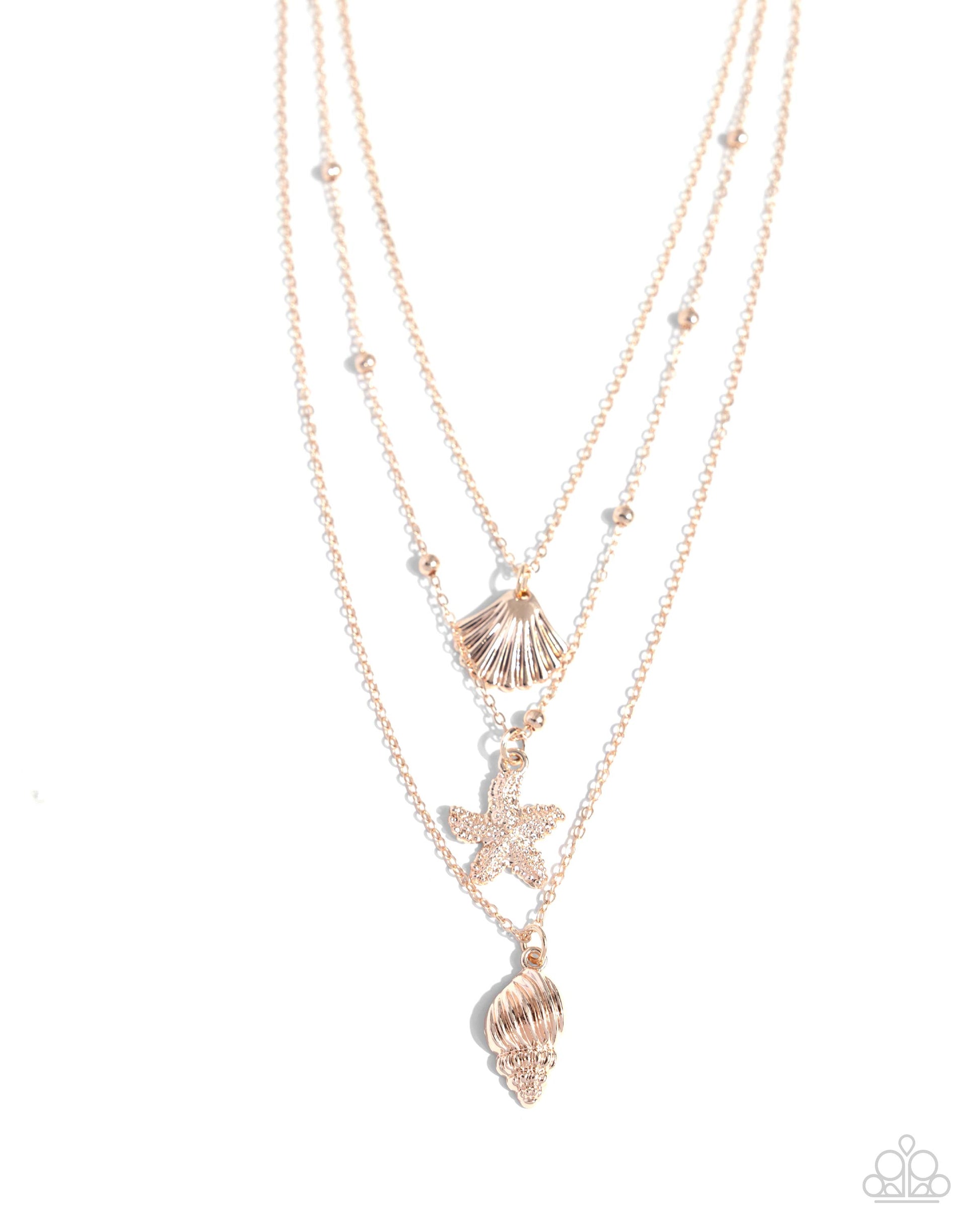 Seashell Sonata Rose Gold Necklace - Paparazzi Accessories A mismatched collection of dainty rose gold and satellite rose gold chains loop and layer below the neckline. Dangling along each layer, textured rose gold seashells and a starfish create a coastal centerpiece. Features an adjustable clasp closure. Sold as one individual necklace. Includes one pair of matching earrings. SKU: P2SE-GDRS-133WO Earring: "SHELL, I Was In the Area - Rose Gold" (Sold Separately)