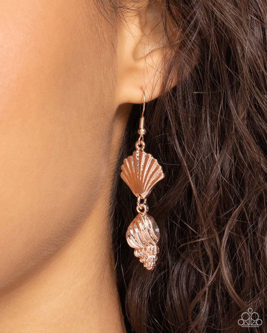 SHELL, I Was In the Area Rose Gold Earring - Paparazzi Accessories Textured rose gold seashells dangle and connect below the ear, creating a coastal centerpiece. Earring attaches to a standard fishhook fitting. Sold as one pair of earrings. Get The Complete Look! Necklace: "Seashell Sonata - Rose Gold" (Sold Separately)