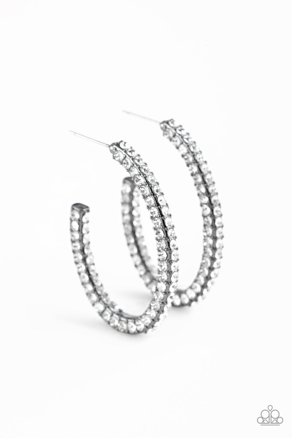 Big Winner - Black Item #E272 Glassy white rhinestones are encrusted along three sides of an abstract gunmetal hoop for a glamorous look. Earring attaches to a standard post fitting. Hoop measures 1" in diameter. All Paparazzi Accessories are lead free and nickel free!  Sold as one pair of hoop earrings.