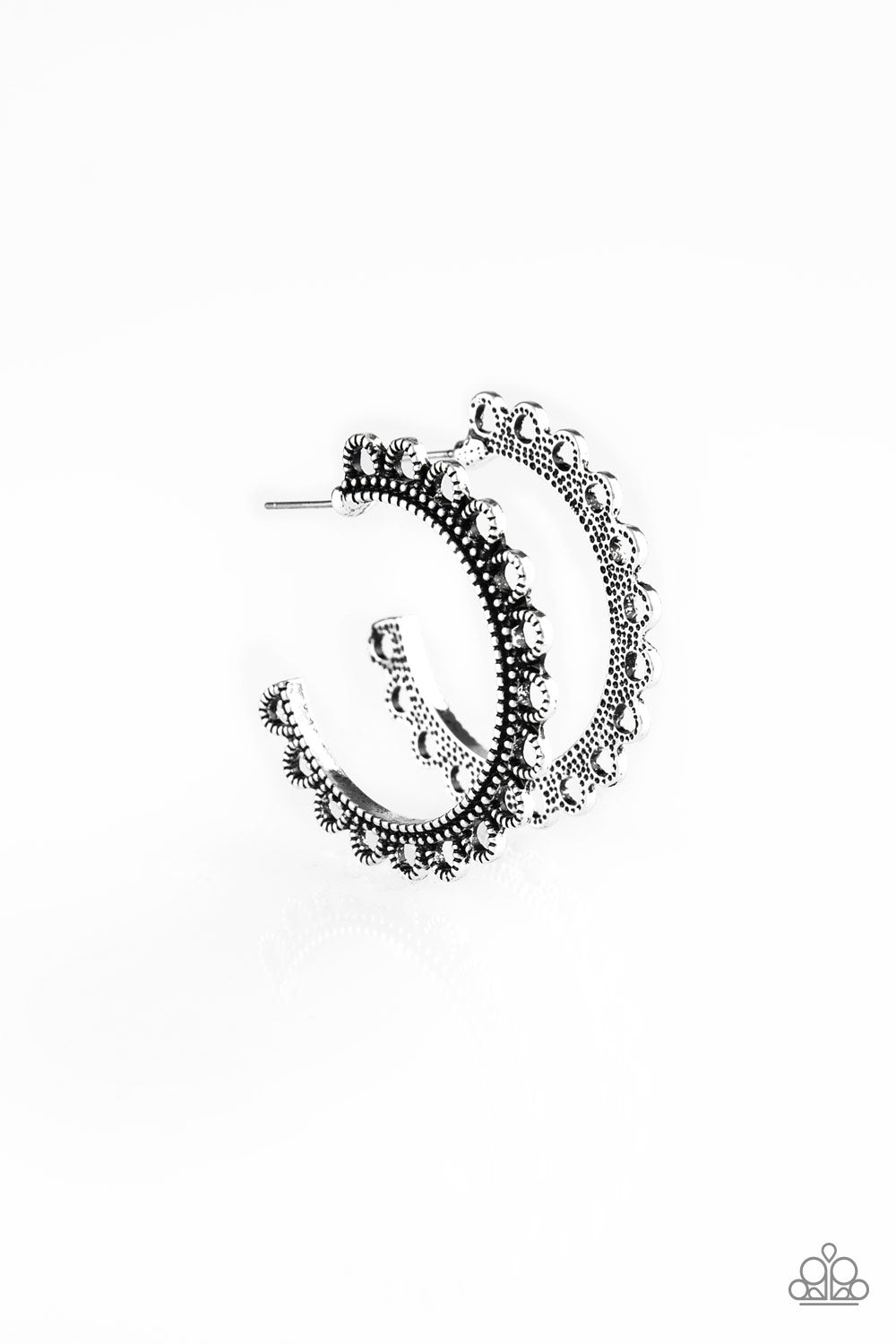 Bohemian Bliss - Silver Item #E390 Radiating with studded silver petals, an ornate silver hoop curls around the ear for a seasonal look. Earring attaches to a standard post fitting. Hoop measures 1 1/4" in diameter. All Paparazzi Accessories are lead free and nickel free!  Sold as one pair of hoop earrings.