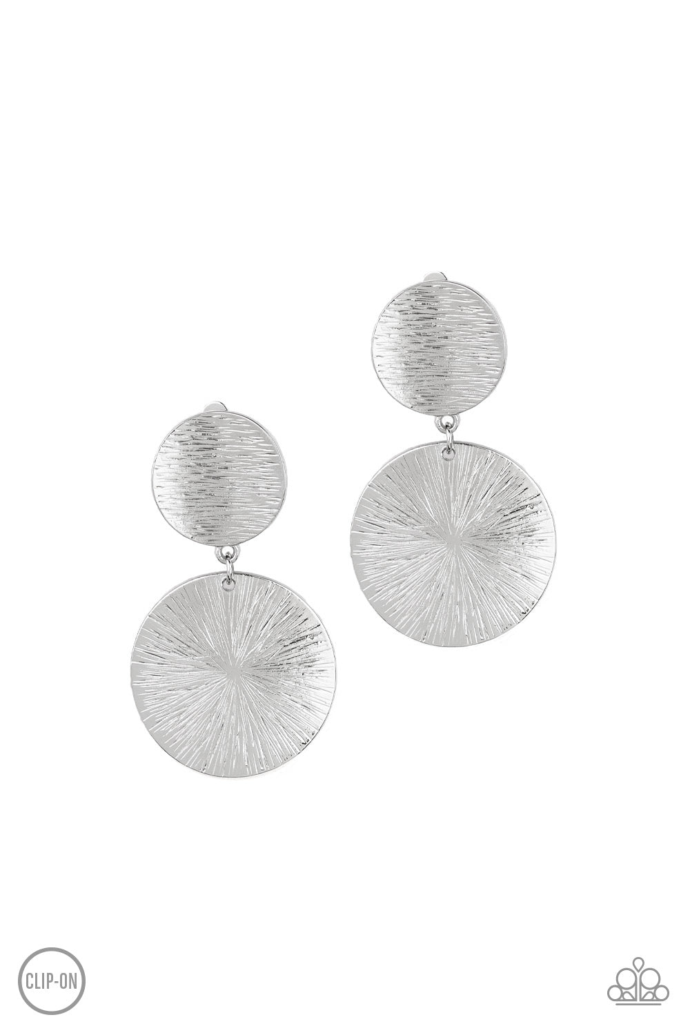 BRIGHT On Cue Silver Clip-On Earring - Paparazzi Accessories Item #E115 Streaked in shimmery linear textures, a beveled silver disc gives way to a larger beveled disc for a refined look. Earring attaches to a standard clip on fitting. All Paparazzi Accessories are lead free and nickel free!  Sold as one pair of clip-on earrings.