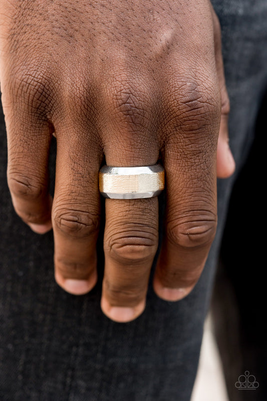 Checkmate Multi Urban Ring - Paparazzi Accessories  The center of a beveled silver band has been delicately hammered in shimmery gold detail for a metro inspired look.  Features a stretchy band for a flexible fit.  Sold as one individual ring.