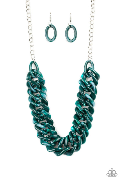 Comin In HAUTE Green Acrylic Necklace - Paparazzi Accessories Brushed in a faux marble finish, square green acrylic links subtlety twist as they link below the collar for a colorful statement-making look. Features an adjustable clasp closure.  Sold as one individual necklace. Includes one pair of matching earrings.