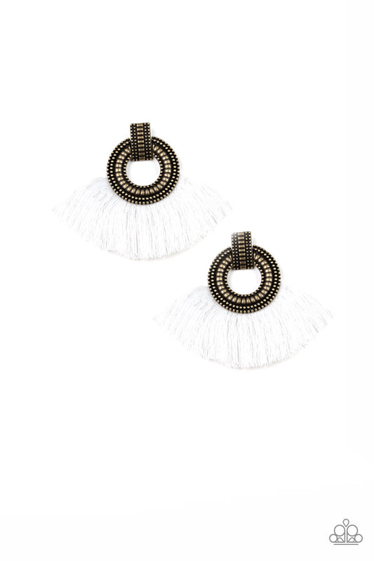 I Am Spartacus Brass/White Tassel Earring - Paparazzi Accessories