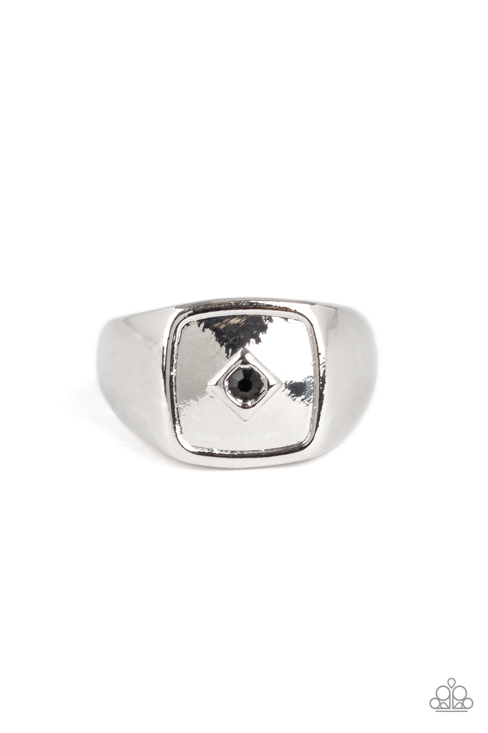 Immortal - Black  A solitaire black rhinestone is pressed into the center of a flattened square frame for a statement look. Features a stretchy band for a flexible fit.  Sold as one individual ring.