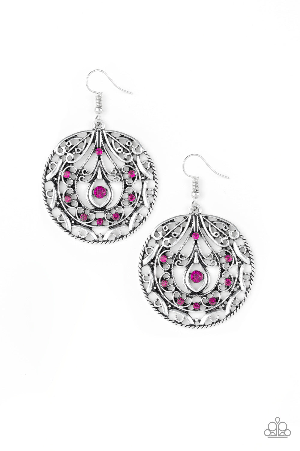 Choose To Sparkle - Pink Item #E443 Sparkling pink rhinestones are sprinkled along a swirling silver backdrop radiating with whimsical filigree. Earring attaches to a standard fishhook fitting. All Paparazzi Accessories are lead free and nickel free!  Sold as one pair of earrings.