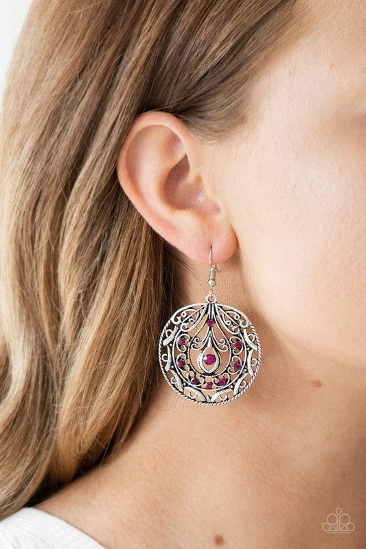 Choose To Sparkle - Pink Item #E443 Sparkling pink rhinestones are sprinkled along a swirling silver backdrop radiating with whimsical filigree. Earring attaches to a standard fishhook fitting. All Paparazzi Accessories are lead free and nickel free!  Sold as one pair of earrings.