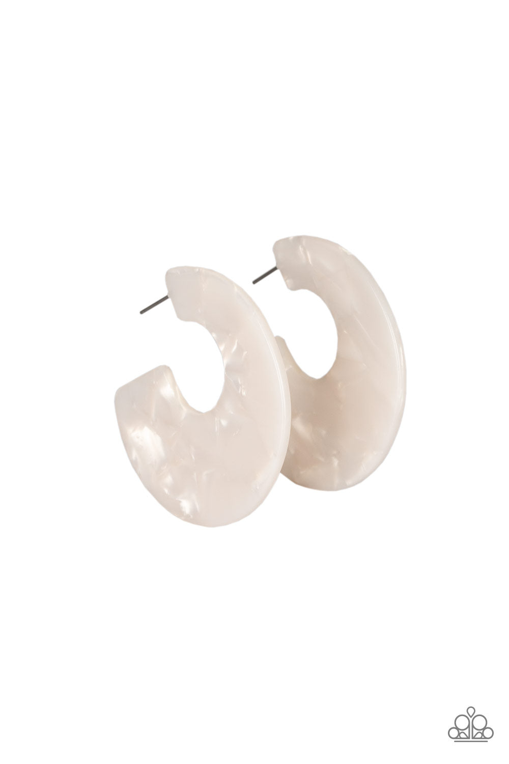 Tropically Torrid White Hoop Earring - Paparazzi Accessories.  Item #P5HO-WTXX-059XX Brushed in an iridescent faux marble finish, a flat white hoop curls around the ear for a retro look. Earring attaches to a standard post fitting. Hoop measures 2" in diameter.  Sold as one pair of hoop earrings.