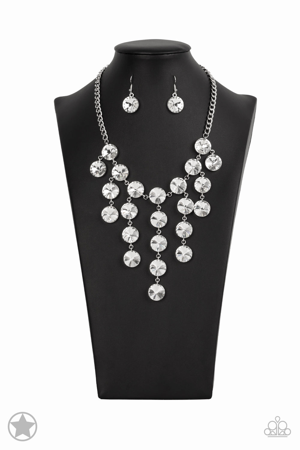 Spotlight Stunner Blockbuster Necklace - Paparazzi Accessories  Encased in sleek silver fittings, dramatically oversized white rhinestones delicately link into twinkly tassels that taper off into a jaw-dropping fringe below the collar. Features an adjustable clasp closure.  All Paparazzi Accessories are lead free and nickel free!  Sold as one individual necklace. Includes one pair of matching earrings.