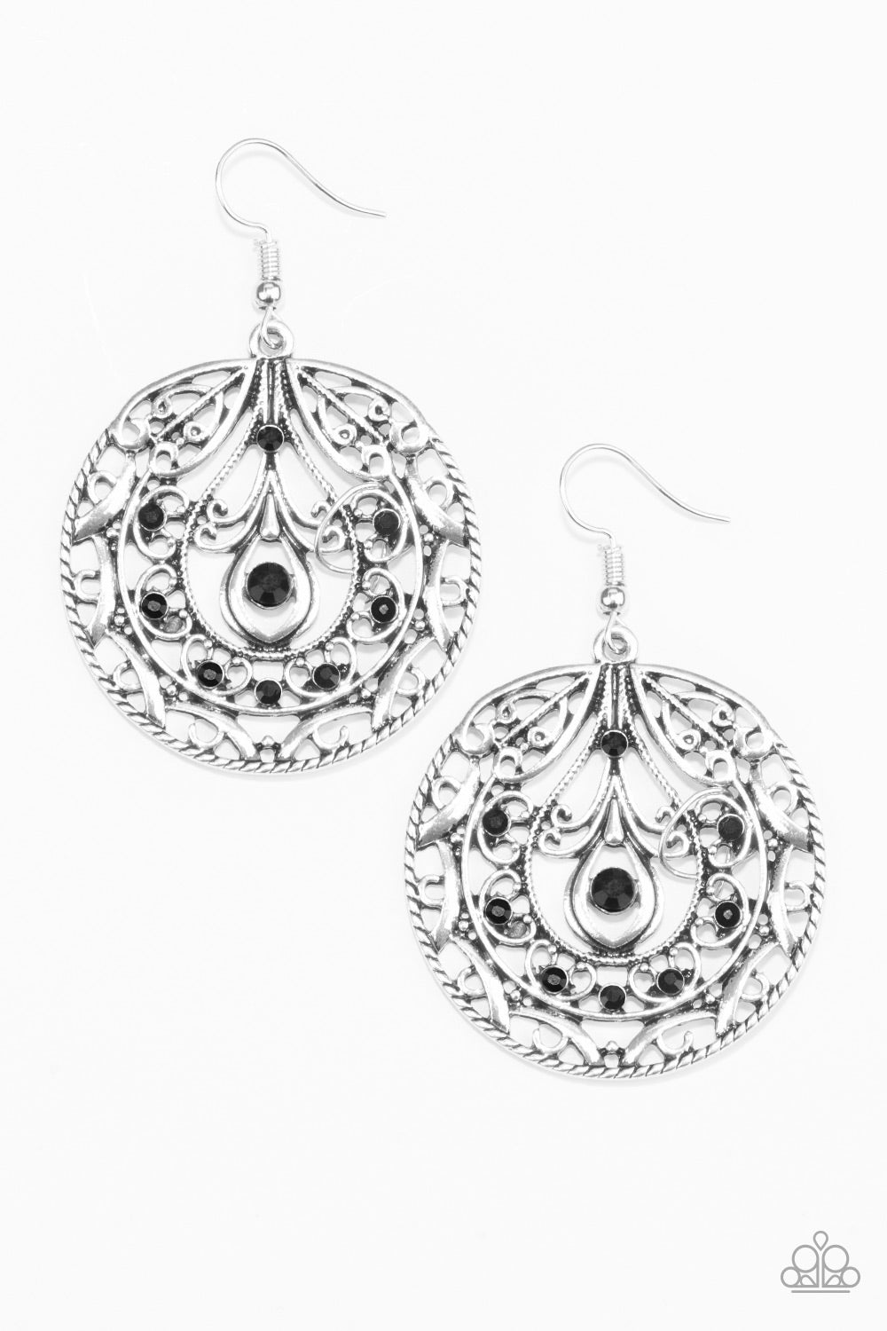 Choose To Sparkle - Black Item #E444 Sparkling black rhinestones are sprinkled along a swirling silver backdrop radiating with whimsical filigree. Earring attaches to a standard fishhook fitting. All Paparazzi Accessories are lead free and nickel free!  Sold as one pair of earrings.