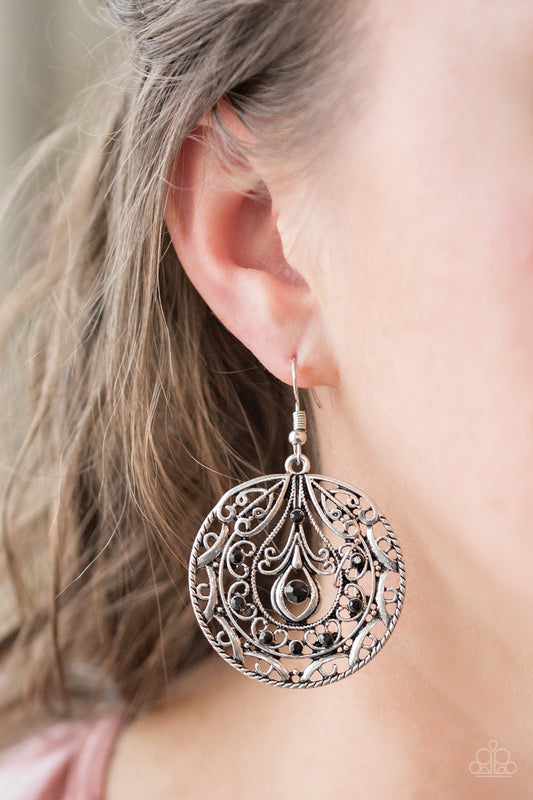 Choose To Sparkle - Black Item #E444 Sparkling black rhinestones are sprinkled along a swirling silver backdrop radiating with whimsical filigree. Earring attaches to a standard fishhook fitting. All Paparazzi Accessories are lead free and nickel free!  Sold as one pair of earrings.