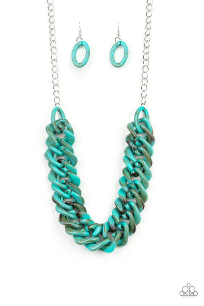 Comin In HAUTE Blue Acrylic Necklace - Paparazzi Accessories Item #JJG-N258 Brushed in a faux marble finish, square turquoise acrylic links subtlety twist as they link below the collar for a colorful statement-making look. Features an adjustable clasp closure. All Paparazzi Accessories are lead free and nickel free!  Sold as one individual necklace. Includes one pair of matching earrings.