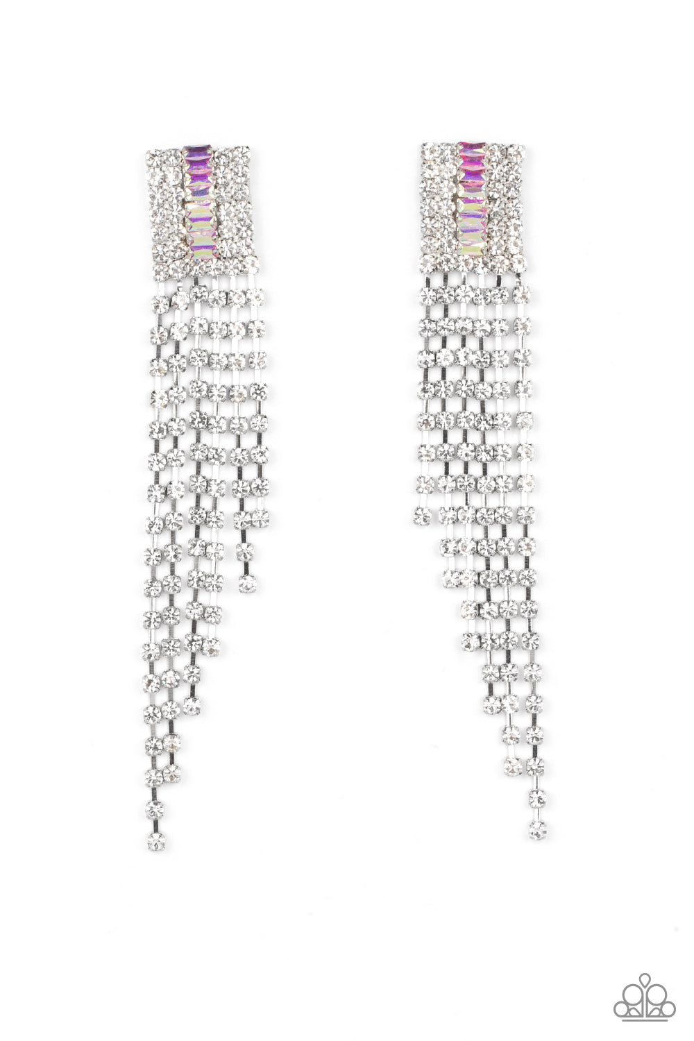 A-Lister Affirmations - Multi Item #P5PO-MTXX-086XX A tapered fringe of glittery white rhinestones streams out from the bottom of a rectangular silver frame. Dotted in rows of blinding white rhinestones, the center of the glitzy fitting is infused with a raised row of emerald cut iridescent rhinestones for a dramatic dazzle. Due to its prismatic palette, color may vary. Earring attaches to a standard post fitting.  Sold as one pair of post earrings.