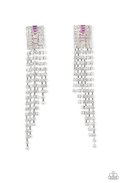 A-Lister Affirmations - Multi Item #P5PO-MTXX-086XX A tapered fringe of glittery white rhinestones streams out from the bottom of a rectangular silver frame. Dotted in rows of blinding white rhinestones, the center of the glitzy fitting is infused with a raised row of emerald cut iridescent rhinestones for a dramatic dazzle. Due to its prismatic palette, color may vary. Earring attaches to a standard post fitting.  Sold as one pair of post earrings.