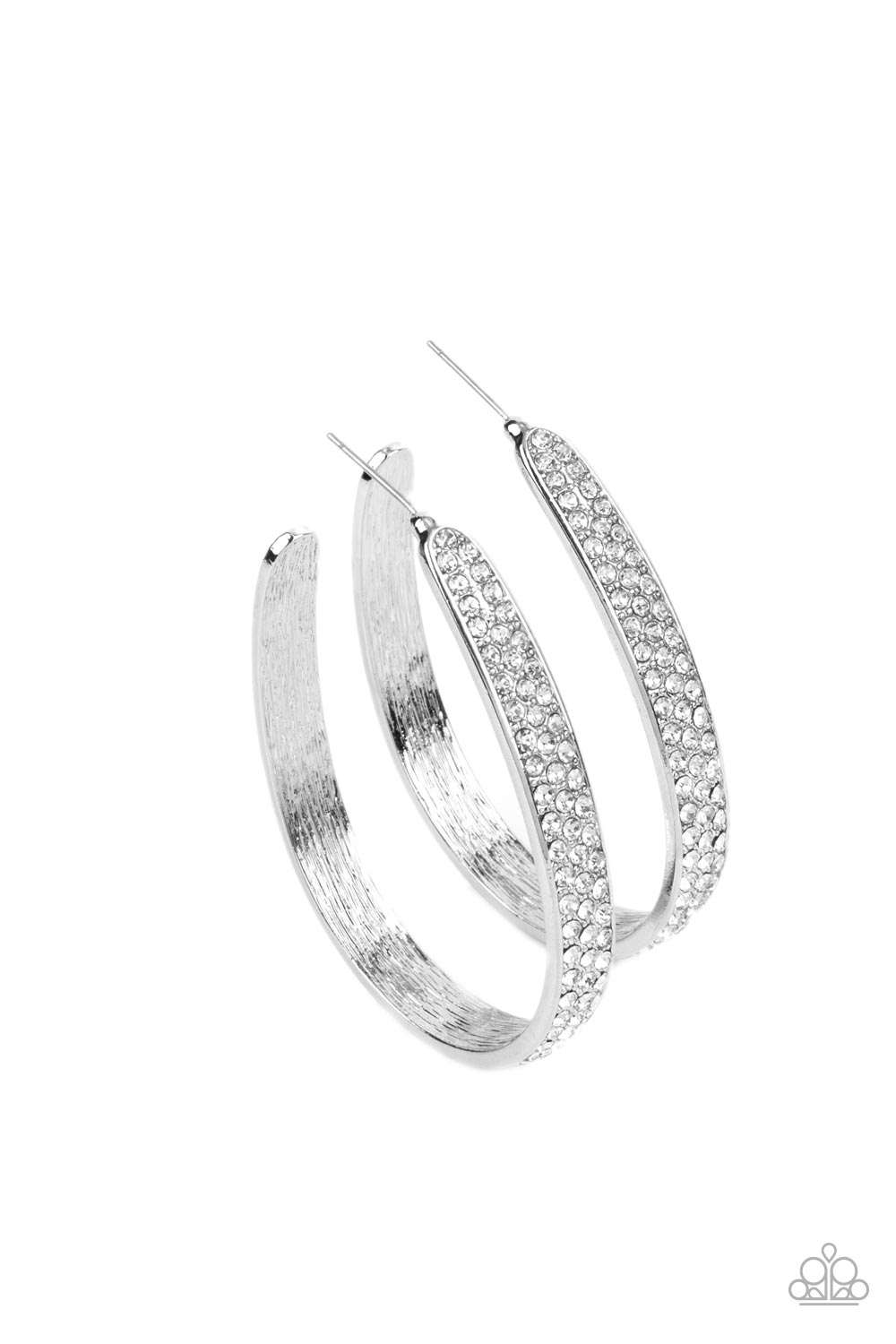 Bossy and Glossy White Hoop Earring - Paparazzi Accessories  Item #P5HO-WTXX-104XX Row after row of glassy white rhinestones are encrusted across the front of a textured silver hoop, creating a stunningly sparkly centerpiece. Earring attaches to a standard post fitting. Hoop measures approximately 1 1/2" in diameter.  Sold as one pair of hoop earrings.