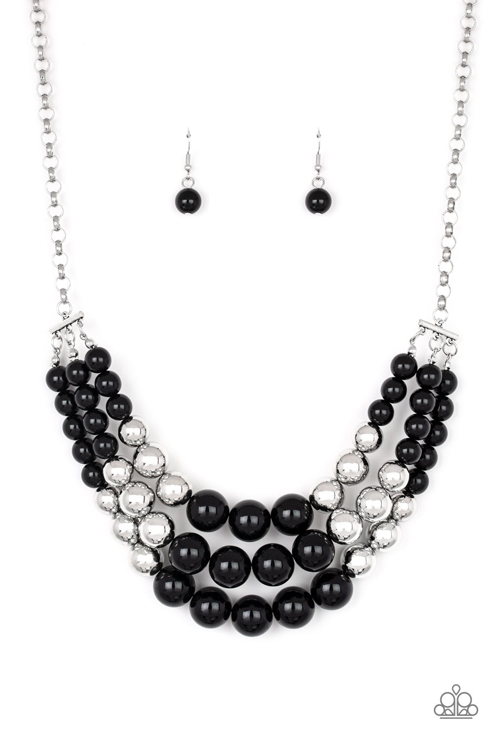 Dream Pop Black Necklace - Paparazzi Accessories  Item #P2ST-BKXX-068XX Gradually increasing in size near the center, a collection of black and silver beads layer below the collar in a statement making fashion. Features an adjustable clasp closure.  Sold as one individual necklace. Includes one pair of matching earrings.