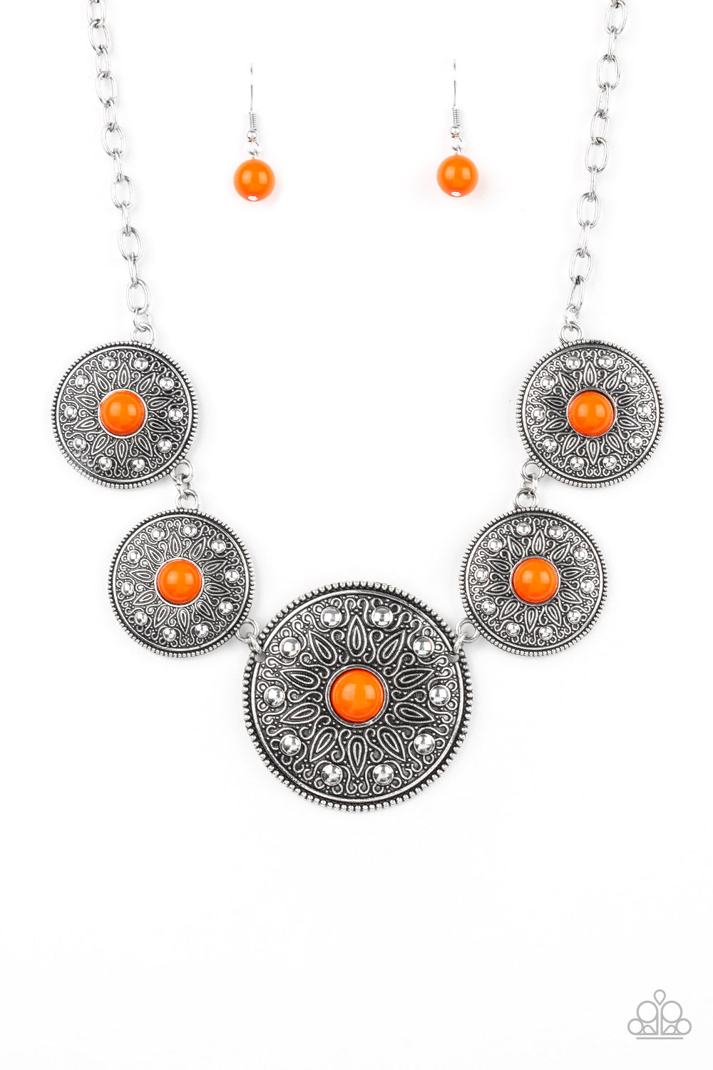 Hey, SOL Sister Orange Necklace - Paparazzi Accessories  Item #P2SE-OGXX-204XX Gradually increasing in size near the center, round silver frames radiating with sunburst patterns link below the collar. Infused with shiny silver studs, the tribal inspired frames are dotted with robust orange beaded centers for a colorful finish. Features an adjustable clasp closure.  Sold as one individual necklace. Includes one pair of matching earrings.