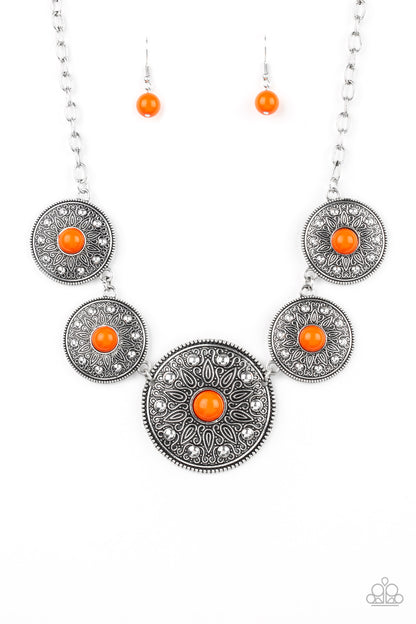 Hey, SOL Sister Orange Necklace - Paparazzi Accessories  Item #P2SE-OGXX-204XX Gradually increasing in size near the center, round silver frames radiating with sunburst patterns link below the collar. Infused with shiny silver studs, the tribal inspired frames are dotted with robust orange beaded centers for a colorful finish. Features an adjustable clasp closure.  Sold as one individual necklace. Includes one pair of matching earrings.
