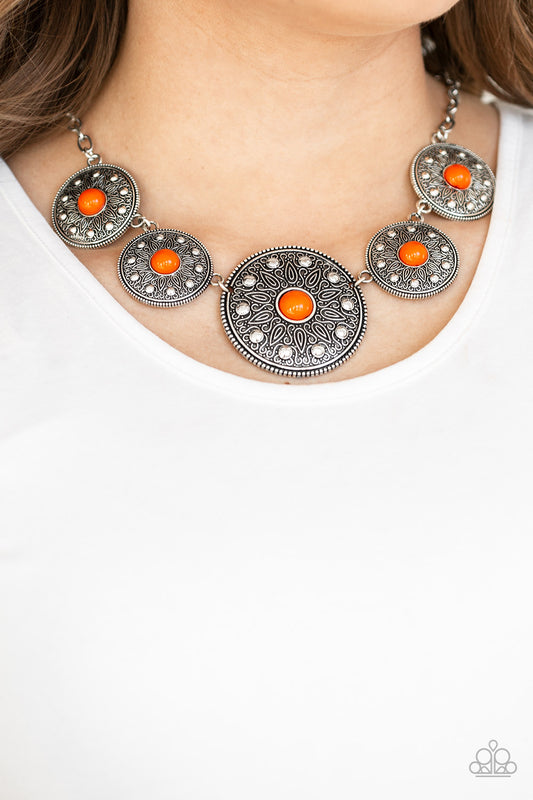 Hey, SOL Sister Orange Necklace - Paparazzi Accessories  Item #P2SE-OGXX-204XX Gradually increasing in size near the center, round silver frames radiating with sunburst patterns link below the collar. Infused with shiny silver studs, the tribal inspired frames are dotted with robust orange beaded centers for a colorful finish. Features an adjustable clasp closure.  Sold as one individual necklace. Includes one pair of matching earrings.