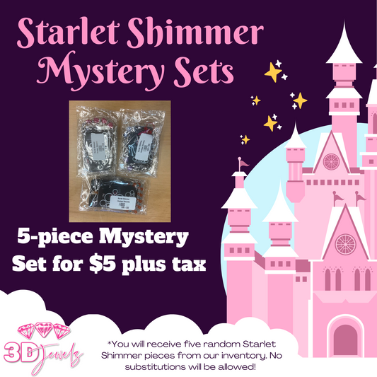 3D Jewelz Starlet Shimmer Mystery Sets - Paparazzi Accessories  You will receive five (5) randomly selected Starlet Shimmer pieces from our inventory. The mystery sets will consist of a combination of Starlet Shimmer Earrings, Rings, and/or Bracelets. No substitutions will be allowed!